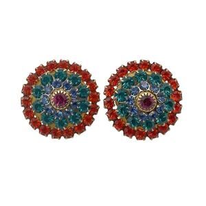 Vintage 90s Multi-Color Rhinestone Stud Earrings Gold 1 Inch Sunburst
